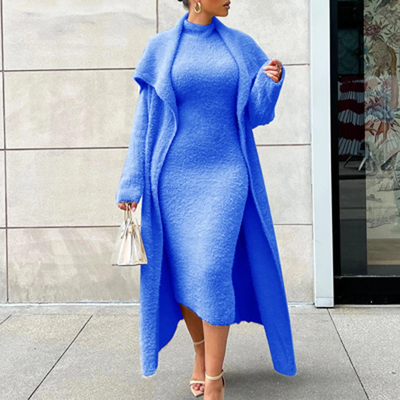 

Кардиган с высоким воротником и поясом, элегантный комплект из двух предметов, Повседневная модная Однотонная юбка с длинным рукавом, пальт...