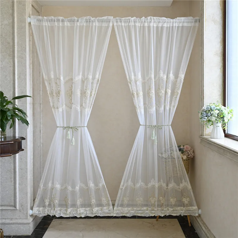 

French Door Tulle Curtains Rod Pocket Rope Embroidered Pearls Glass For Living Room Bedroom Window Drapes PanelSheer Curtains