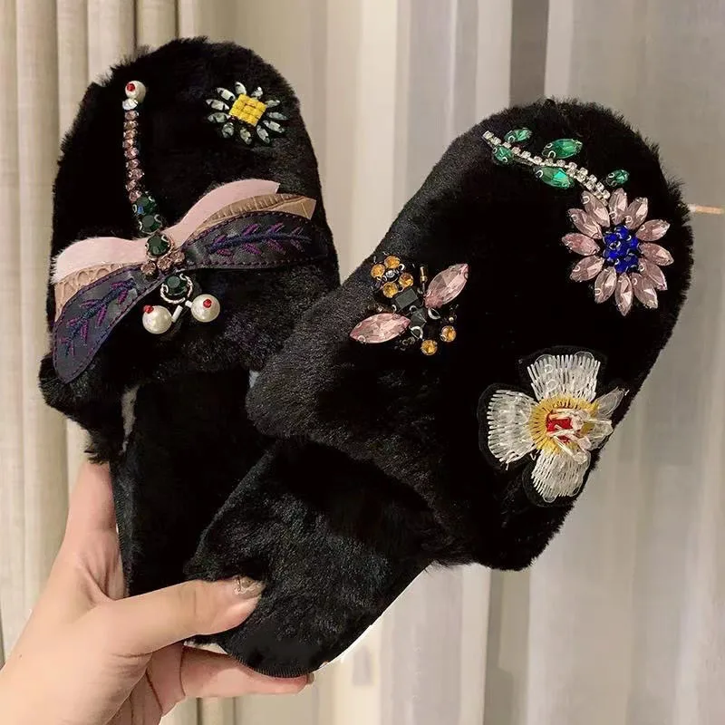 

Autumn Winter Home Women Cotton Shoes Furry Slides Indoor Non-Slip Keep Warm Women Slippers Casual Soft Sole Cute Plush Ladies