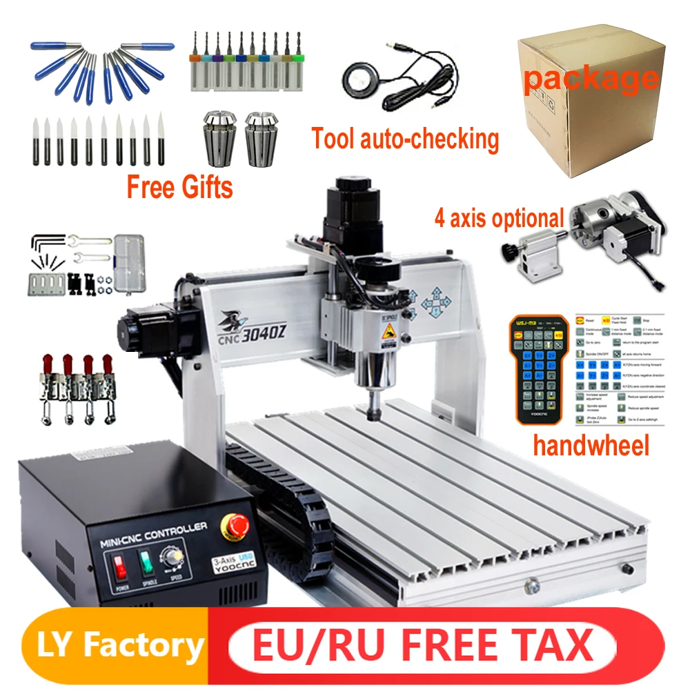 

4030 Mini CNC Router 3040 Tool Auto-checking 4 axis Wood Milling Machine Metal Engraving Machine Handwheel Control 300W Spindle