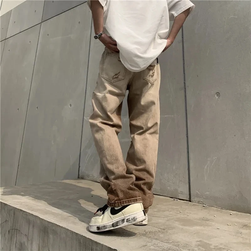 Gradient Ripped Jeans 2022 Straight High Waist All-match Distressed Women's Pants Streetwear Loose Wide Legs Men Fashion Jeans