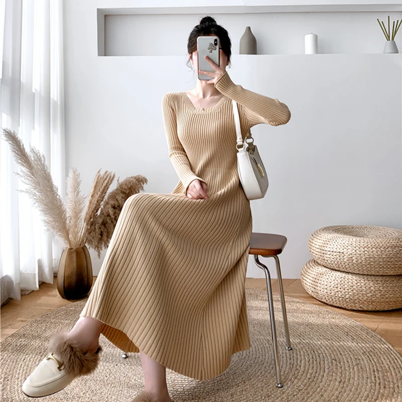 

New design 2022 autumn and winter mid-length over-the-knee sweaterdress Korean fashion square collar A-line knitted dress
