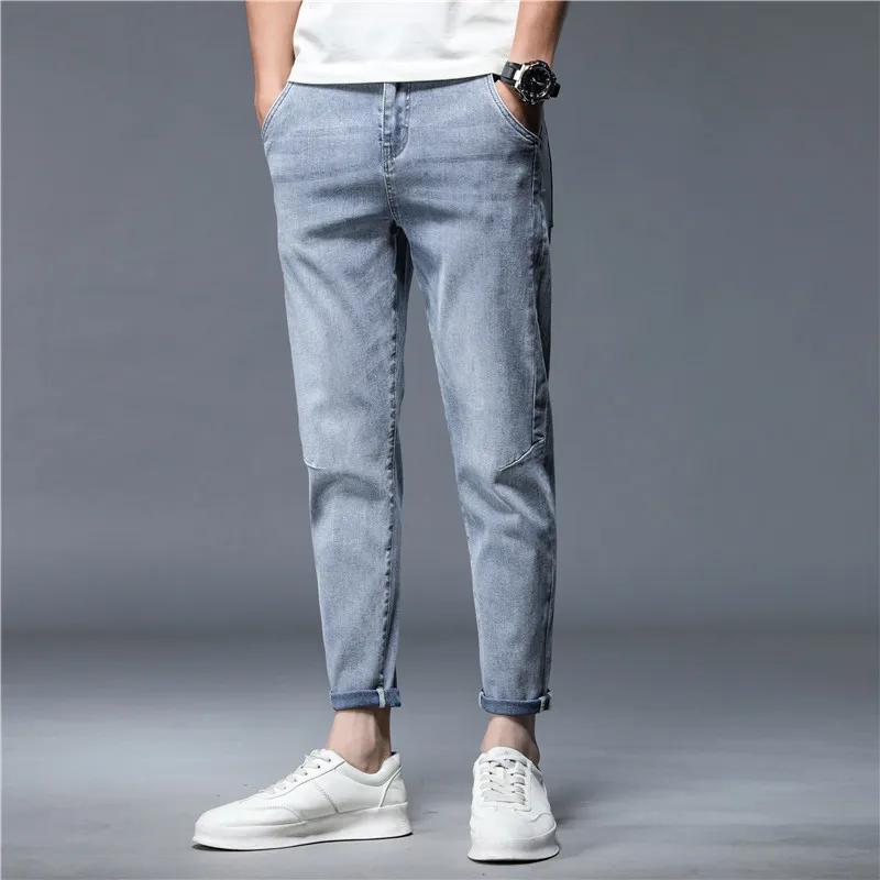 Cropped jeans men's worn white casual men's pants fashionable street fashion light color stretch slim jeans