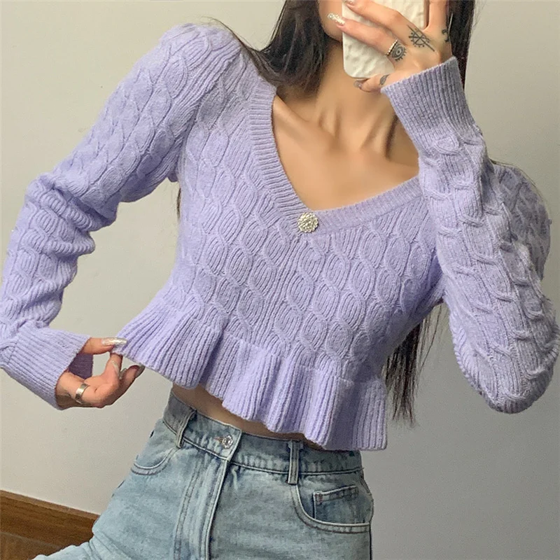 

Women Casual Pullover Crop Sweater Women's 2021 Autumn and Winter Clothes Long Sleeve Sexy V-neck Low-cut Knit Short Sweater