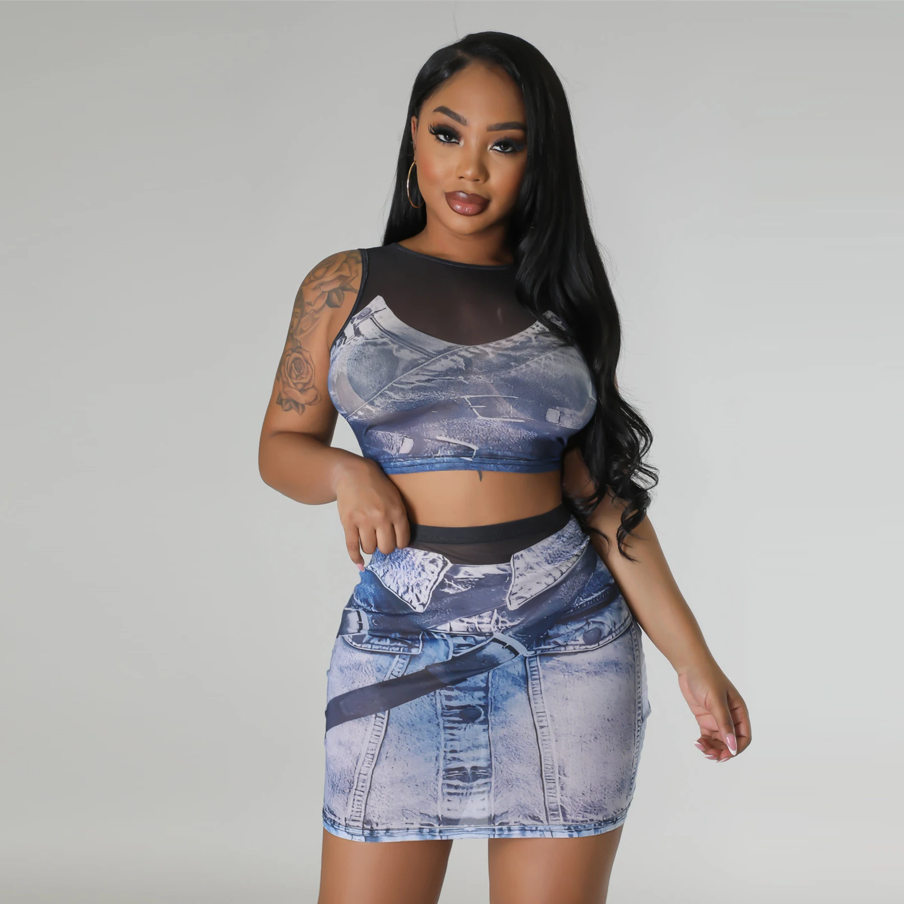 

Mesh Patchwork Club 2 Piece Skirt Sets Summer Women Clothes Luxury Party Dress Sexy Elegant See Through Two Piece Set Outfit