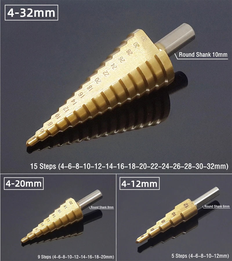Набор ступенчатых сверл, титановые насадки для дрели, 4-12, 4-20, 4-32 .