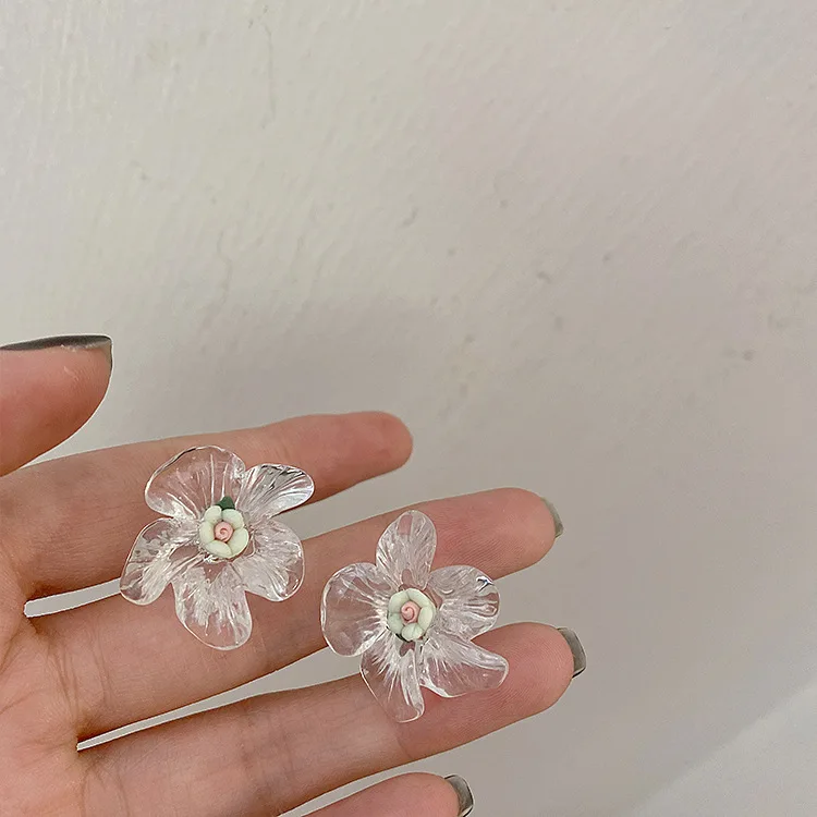 Корейские японские модные милые белые прозрачные серьги в форме цветка для