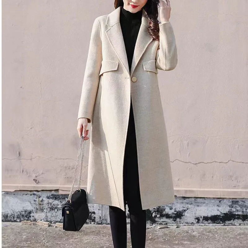 

Женское шерстяное пальто, свободное двухстороннее твидовое черное пальто средней и длины в Корейском стиле, Осень-зима 2022