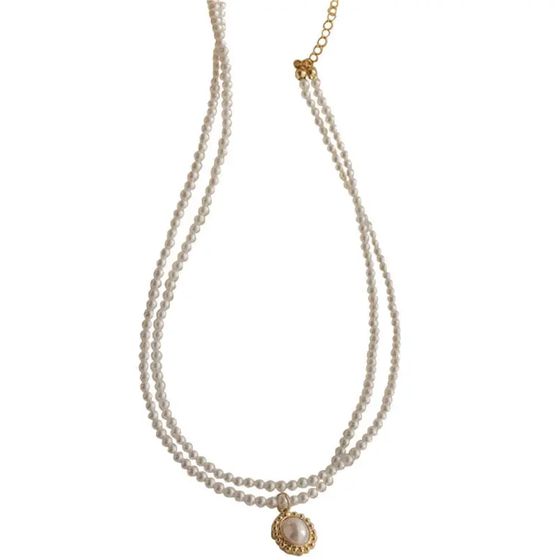 

VC27 S925 sterling silver pearl necklace female simple double bead collarbone chain personality