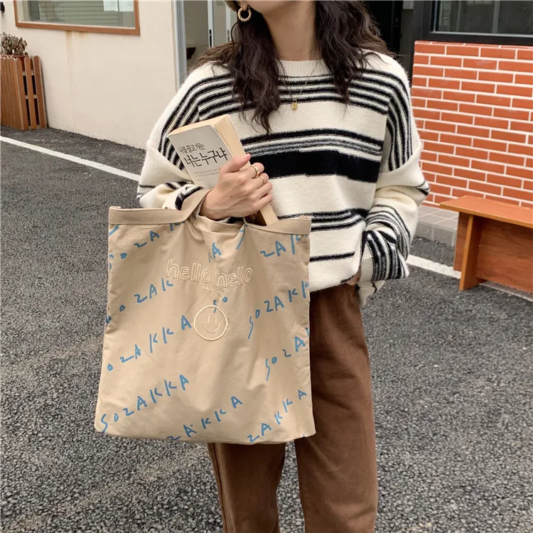 

Vintage Style Cool Tote Bag For Women Big Canvas Bags Letter Print Hello Embroidery Shoulder Bag Dual-use Bag Shopping Bag Bolsa