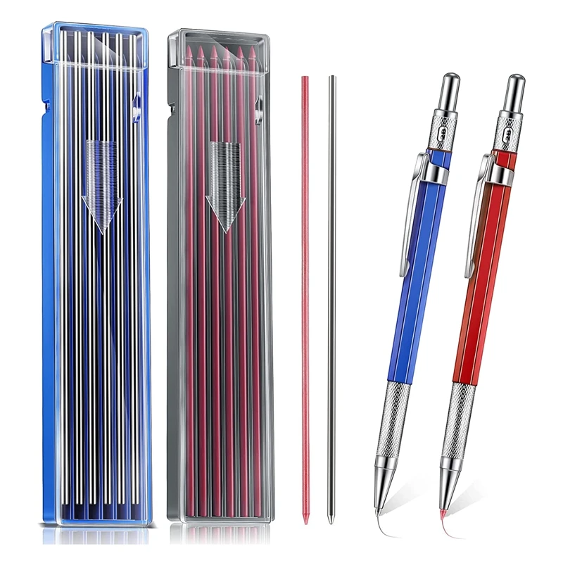 

NEW-2 Pcs Streak Welders Pencil With 24 Pcs 2Mm Refills Mechanical Pencil With Built In Sharpener Carpenter Pencils