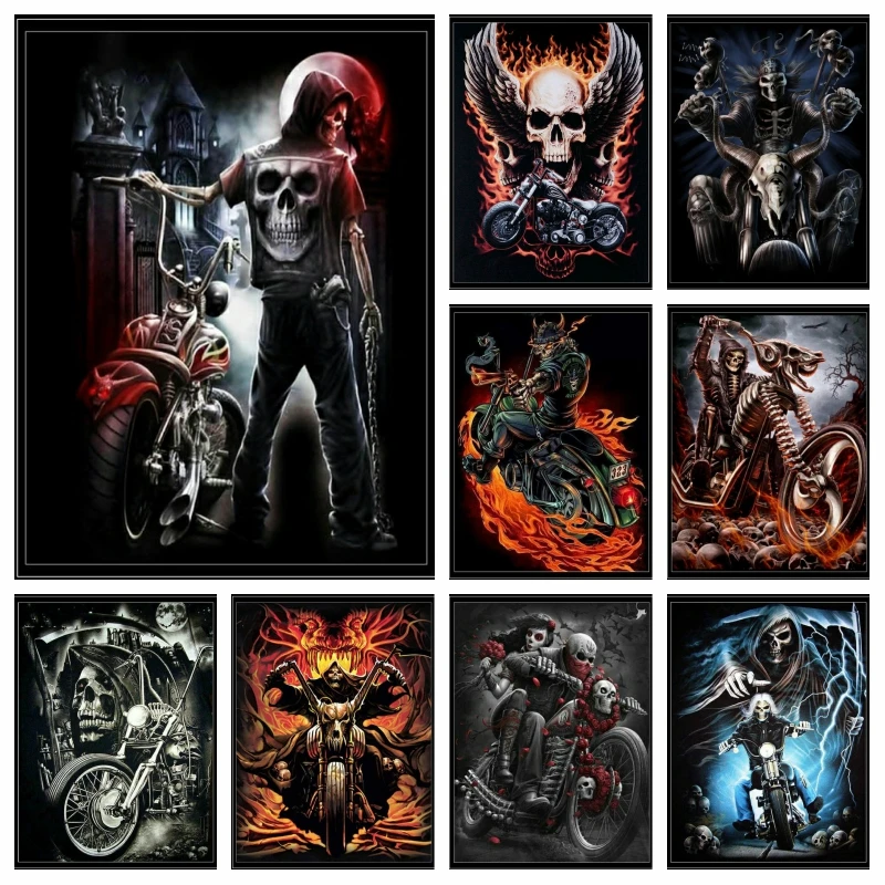 Full Drill Cross Stitch Embroidery Skull Horror Theme Diamond Painting Motorcycle Grim Reaper Wall Decor Crystal Mosaic Crafted