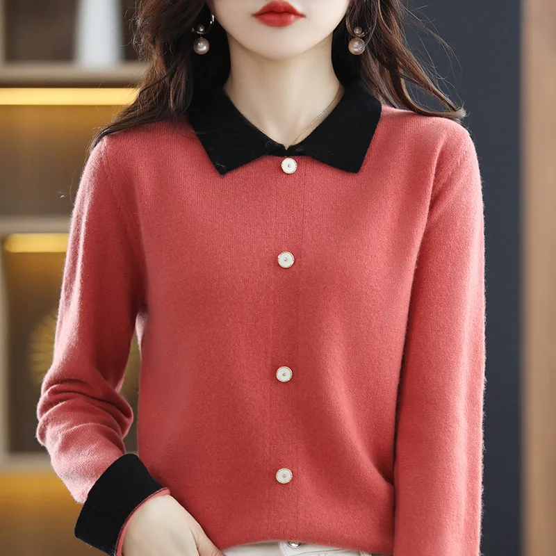 

100% pure wool cashmere sweater woman doll collar pullover 2022 autumn and winter new color matching top casual knitted jacket