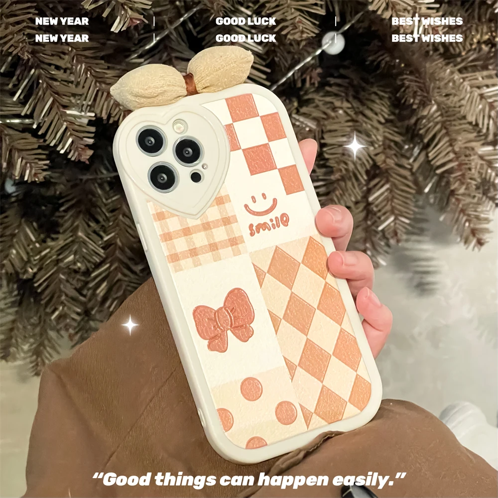 

Fashion Cute Bowknot Splicing Checkerboard Case For IPhone 13 11 Pro Max 12 Mini X Xs Xr 7 8 Plus Grils Women Leather Soft Cover