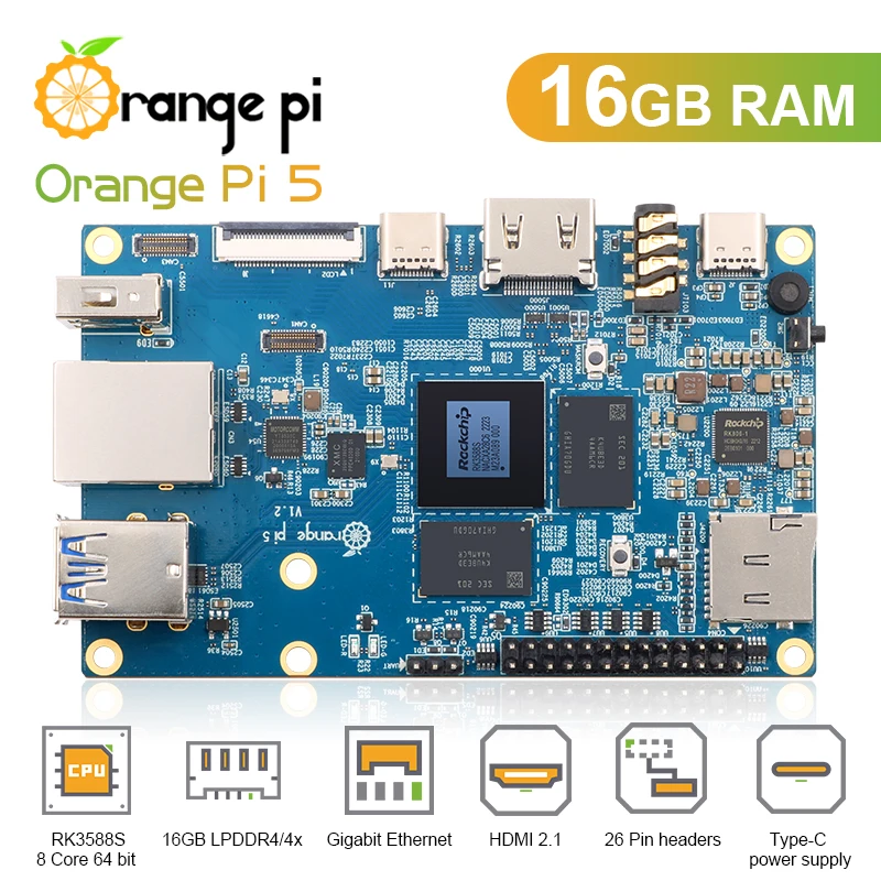 

Оранжевый Pi 5 16 ГБ RK3588S, внешний Wi-Fi + BT,SSD гигабитный Ethernet однобортный компьютер, запуск ОС Android Debian