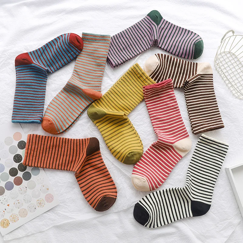 

Носки в стиле ретро в полоску, детские женские носки средней длины, хлопковые чулки на весну и осень, корейские чулки в японском стиле