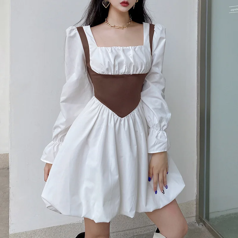 

Women's Pullover Retro Style Hit Color Tunics Square Neck Puff Sleeve Puffy Dress Streetwear Fashion Trendyol Solid Color Dress