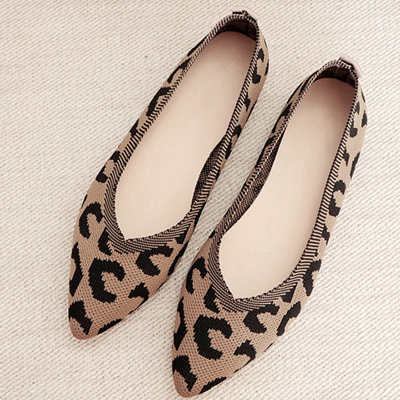 

2022 Fashion Breathable Leopard Mesh Ballet Flats Pointed Toe Slip on Loafers Women Casual Soft Rubber Sole Boat Shoes Female