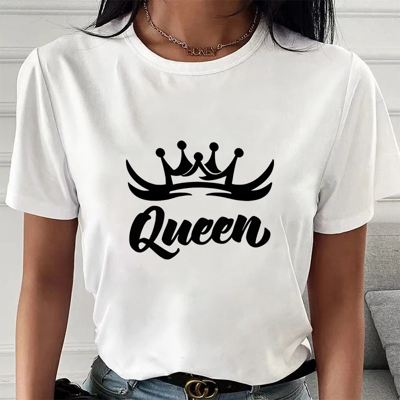 

2023 Women's Summer T-Shirts Queen Letter Print Y2k T-shirt Ladies Short Sleeved Luxury Tee Clothing Loose Pure Cotton Soft Top