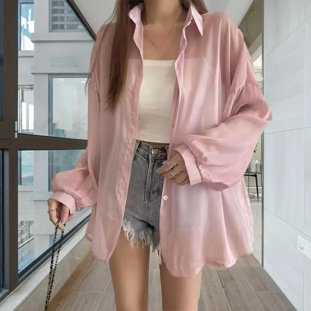 

Trendy Chiffon Coat Buttons Placket Sunscreen Shirt Solid Color Short Cardigan Shirt Sun Protection Clothes Dressing Up