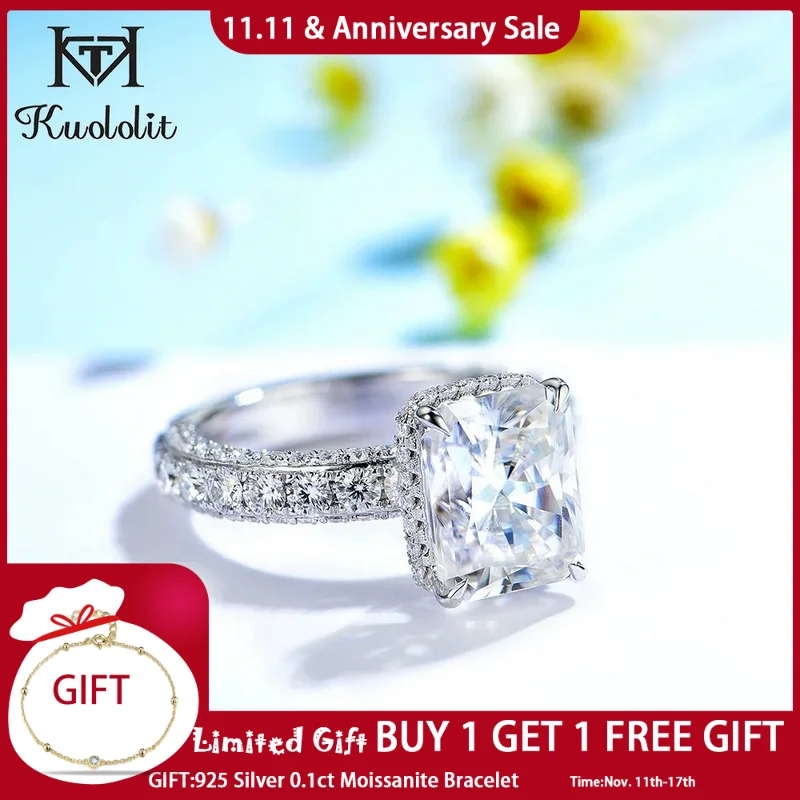 

Kuololit 4.5CT Radiant Cut Moissanite Pure 18K 14K White Gold Ring for Women 8*11mm D VVS Solitaire Ring for Engagement Party