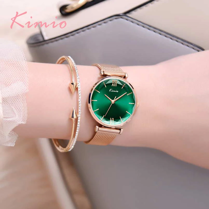 

7574M Brand Luxury Women Milanese Mesh Belt Watches Simple Ladies Green Big Dial Dress Watch Rose Gold Bracelet Wristwatch