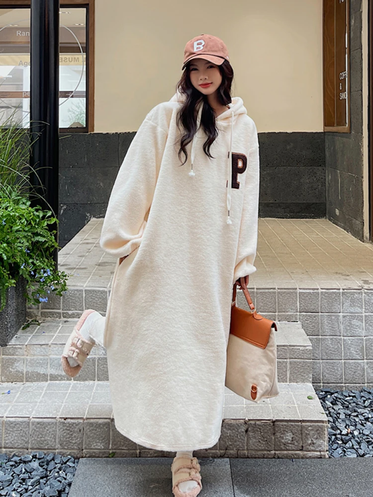 

2023 Oversize Korean Woman Sweatshirt Dress Vestidos Casual Loose Plus Size Polar Fleece Long Sleeve Hooded Hoodies Dresses