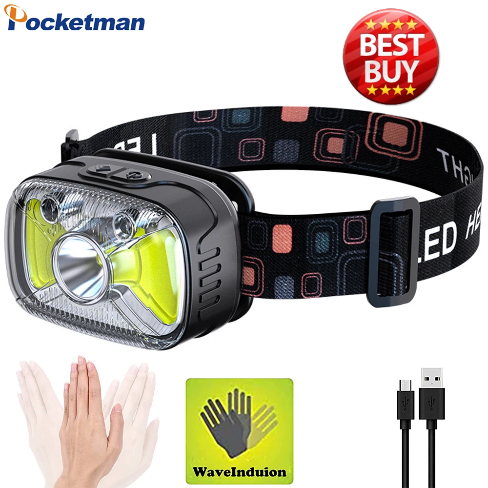 

POCKETMAN High Lumens XPG+CPB LED Headlamp Induction USB Headlight Waterproof Head Lamp Rechargeable Head Flashlight