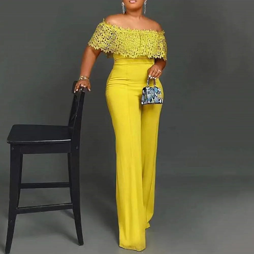 

Summer Yellow Long Jumpsuit Women Streetwear Sexy Off Shoulder Lace Elegant Pants Female Clothing One Piece Party Overalls 2022