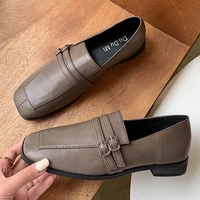genuine leather square toe oxfords women buckle band decorate loafers flats women slip on british cow leather shoes women 2020