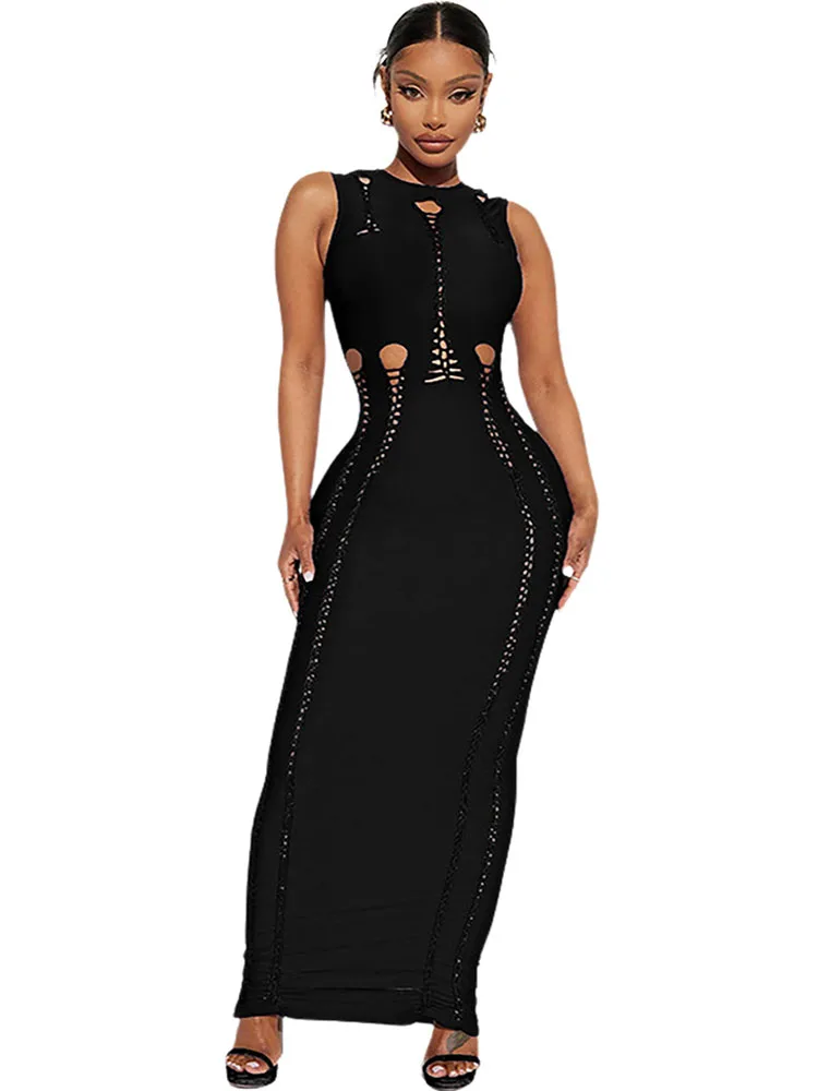 

Sexy Bandage Long Prom Bodycon Dress Sleeveless O Neck Hollow Out Night Club Gowns Wedding Party Evening Clubwear Maxi Dresses