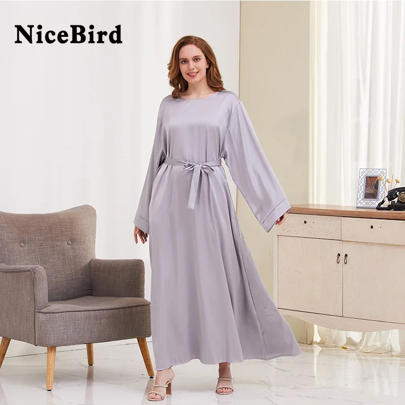 

Абайя Nicebird Женская однотонная, Элегантное Длинное свободное модное платье с круглым вырезом и длинным рукавом, с поясом, большие размеры, весна-лето 2023