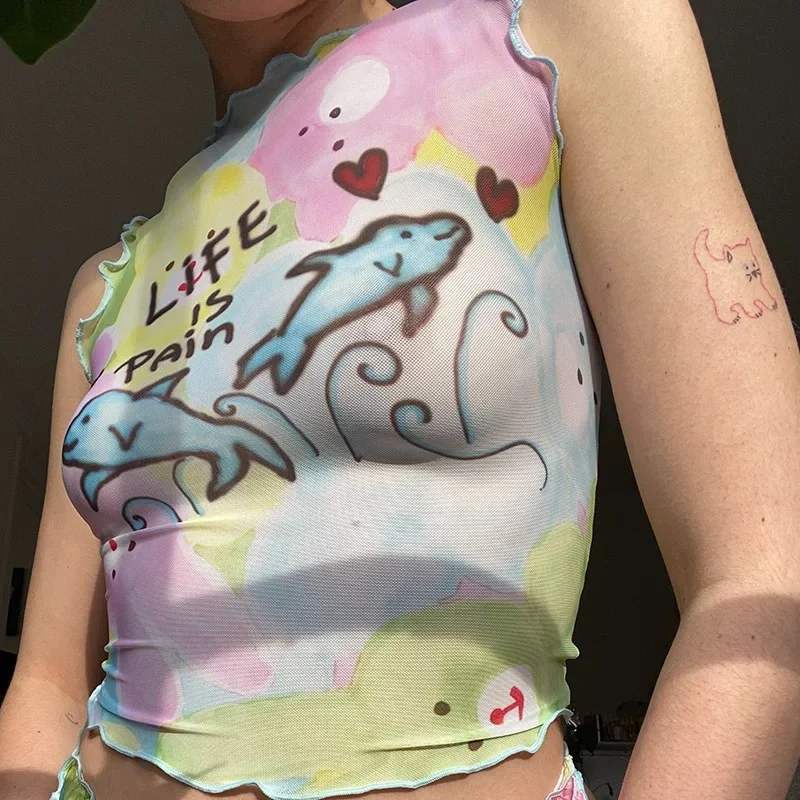 

Американская Милая мультяшная кавайная пикантная сетчатая майка Y2k с принтом, женские уличные летние майки, топы без рукавов в стиле Харадз...