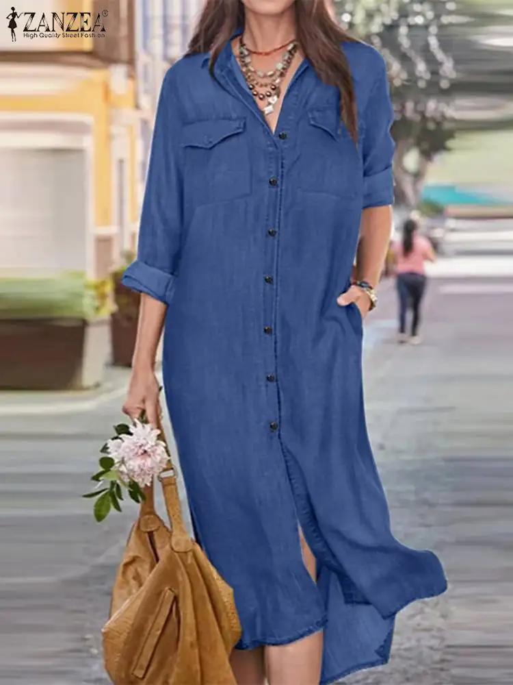 

Платье ZANZEA женское джинсовое средней длины, повседневная одежда с лацканами, однотонное уличное праздничное платье-рубашка на пуговицах с длинным рукавом, лето 2023