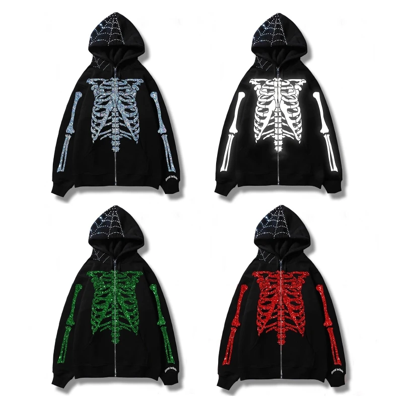 

Толстовка в стиле хип-хоп, панк-рок, на молнии, стразы, толстовки с длинным рукавом, оверсайз, Готическая куртка со скелетом для женщин и мужч...