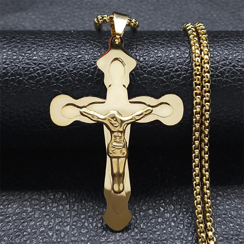 

Luxury Charm Religious Cross Necklace for Men Women Gold Color Crucifix Jesus Christ Chain Necklace Christian Jewelry Gifts