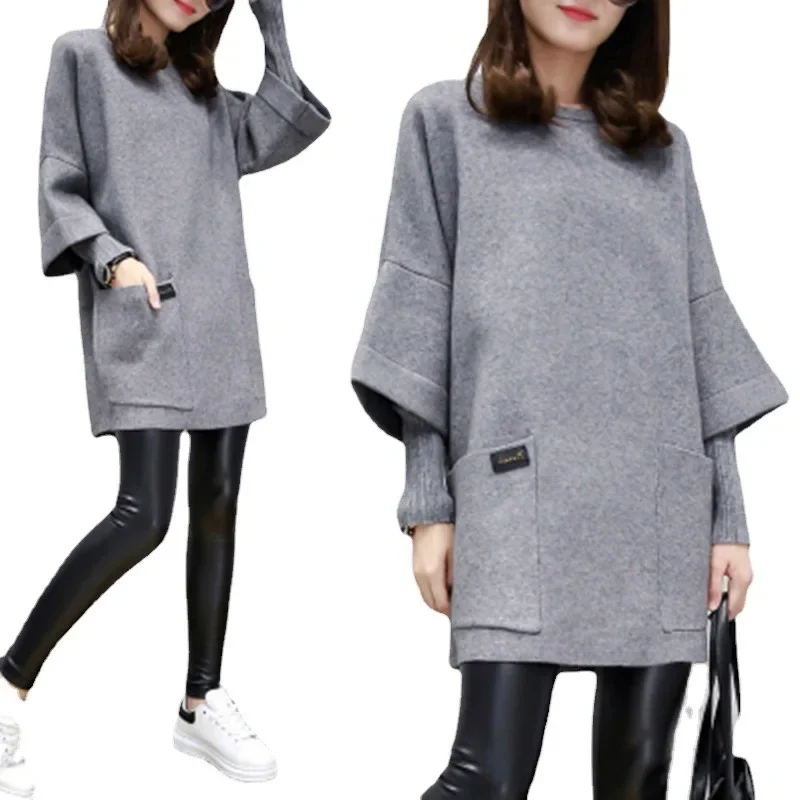 

Женская толстовка с длинным рукавом, длинное Свободное пальто с круглым вырезом и карманами, джемпер на осень и зиму