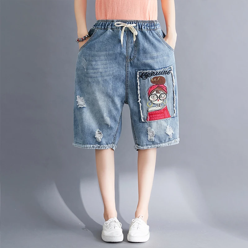 Women Summer Embroidery Cartoon Patchwork Vintage Ripped Hole Casual Shorts Female Elastic Drawstring Denim Shorts Streetwear