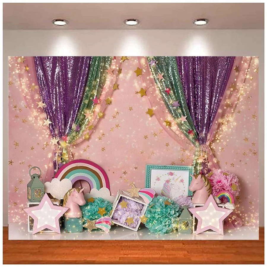 

Photography Backdrop Pink Unicorn Rainbow Glitter Stars Girls Birthday Party Cake Smash Decor Photo Background Banner Studio