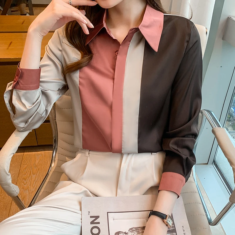 Женская Винтажная Атласная Блузка На Пуговицах С Длинными Рукавами Офисный