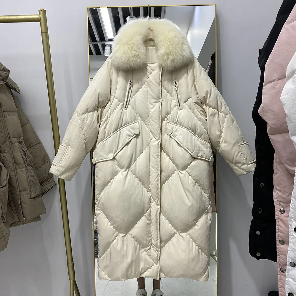 

2022 New Winter Jacket Women Big Real Fox Fur Collar 90% White Duck Down Coat Female Hooded Warm Long Parkas Outwear