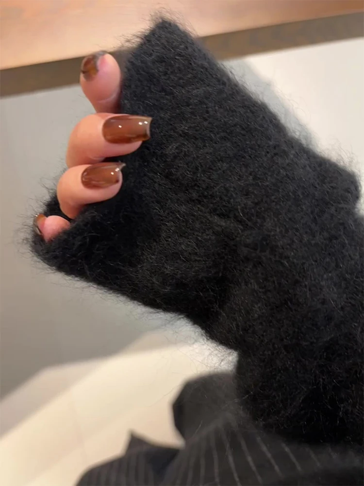 Plus Size Winter Korean Series Chic High end European Goods Western Sle Unique Small Super Nice Black Mohair Knit sweater |