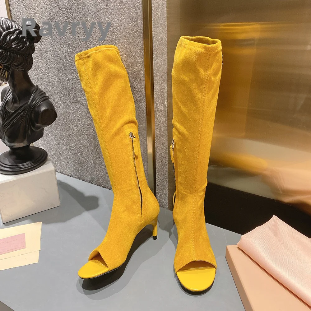 Knee Length Side Zipper Fashion Fishmouth Boots Kitten Heel Sewing Versatile and Concise Sheepskin Kid Suede Women's Boots