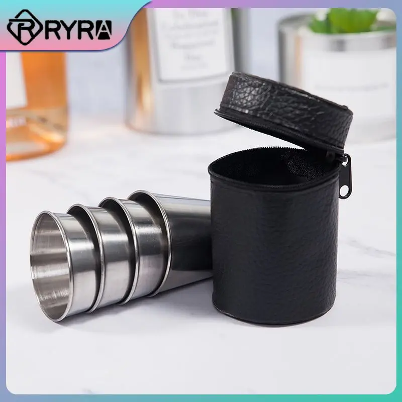 

4 Pcs/set Vodka Cup 30ml With Leather Cover Bag Shot Wine Cup Mini Personalized Kitchen Accessories Tools Shot Glass Cup