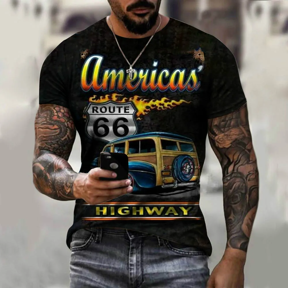 

Summer T-Shirt 3d Printed American 66 Car Pattern Short Sleeve Men's Loose Breathable Sports T-Shirt Men's Crew Neck Top