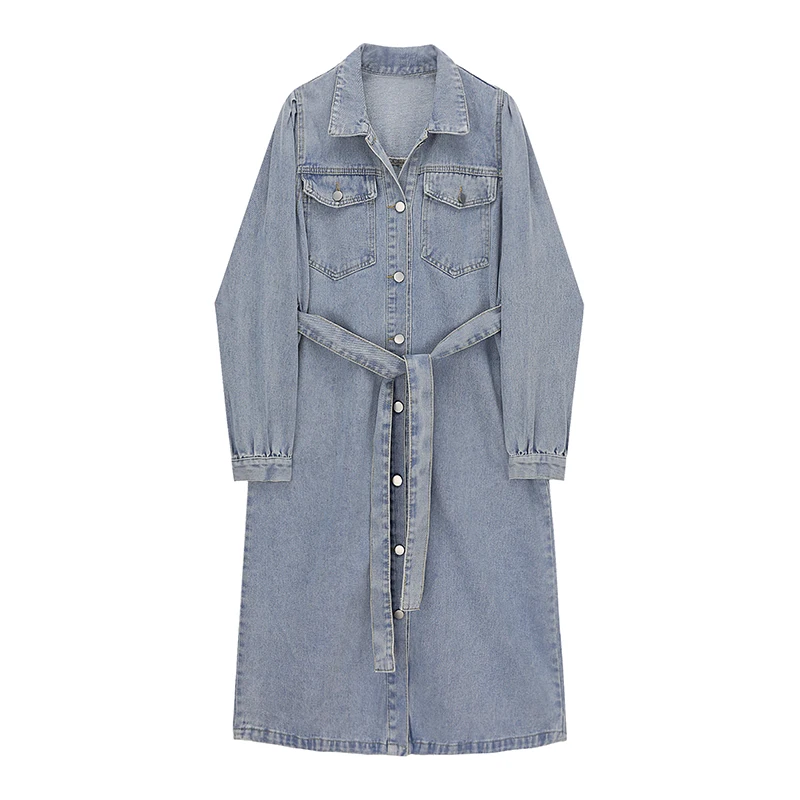 

SuperAen 2022 Spring Full Waist-length Split Puff Sleeve Turn Down Collar Mid Calf Straight Jeans Shirt Dresses for Women