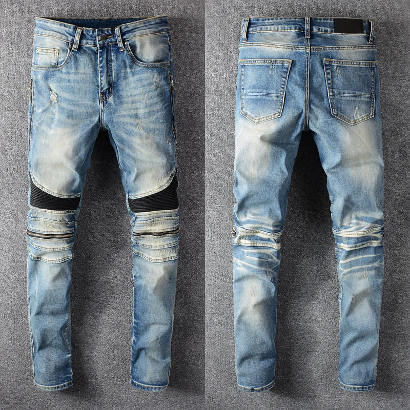 

Джинсы мужские зауженные стрейчевые, модные брюки в стиле ретро, рваные байкерские джинсы на молнии, дизайнерские брендовые штаны в стиле х...