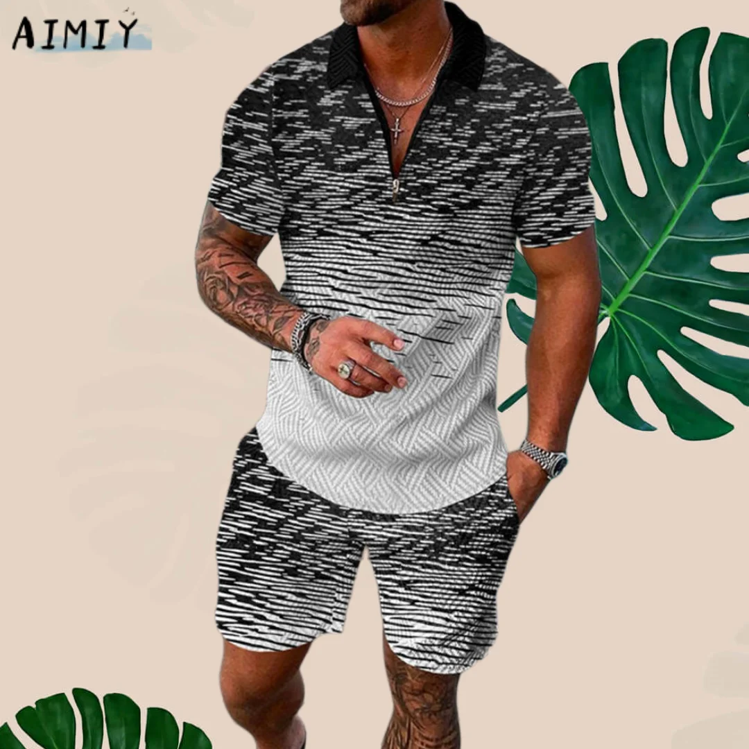 Men Summer Polo Shirt Set 2 Pieces Hawaii Tracksuit Casual Busi/'hhtness Suit Fashion Trun Down Collar Zipper Clothing Vintage O