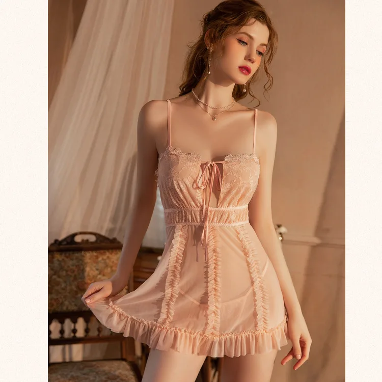 Summer thin lace lingerie dress mesh perspective pajamas women's sexy ice silk high-end tie-strap nightdress nightgown