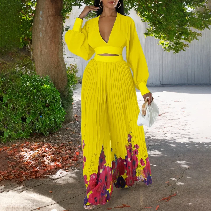 

Fashion Autumn Long Sleeve 2pcs Female Deep V Crop Tops+High Waist Pleated Print Wide Leg Pants Set Elegant High Street Outfits